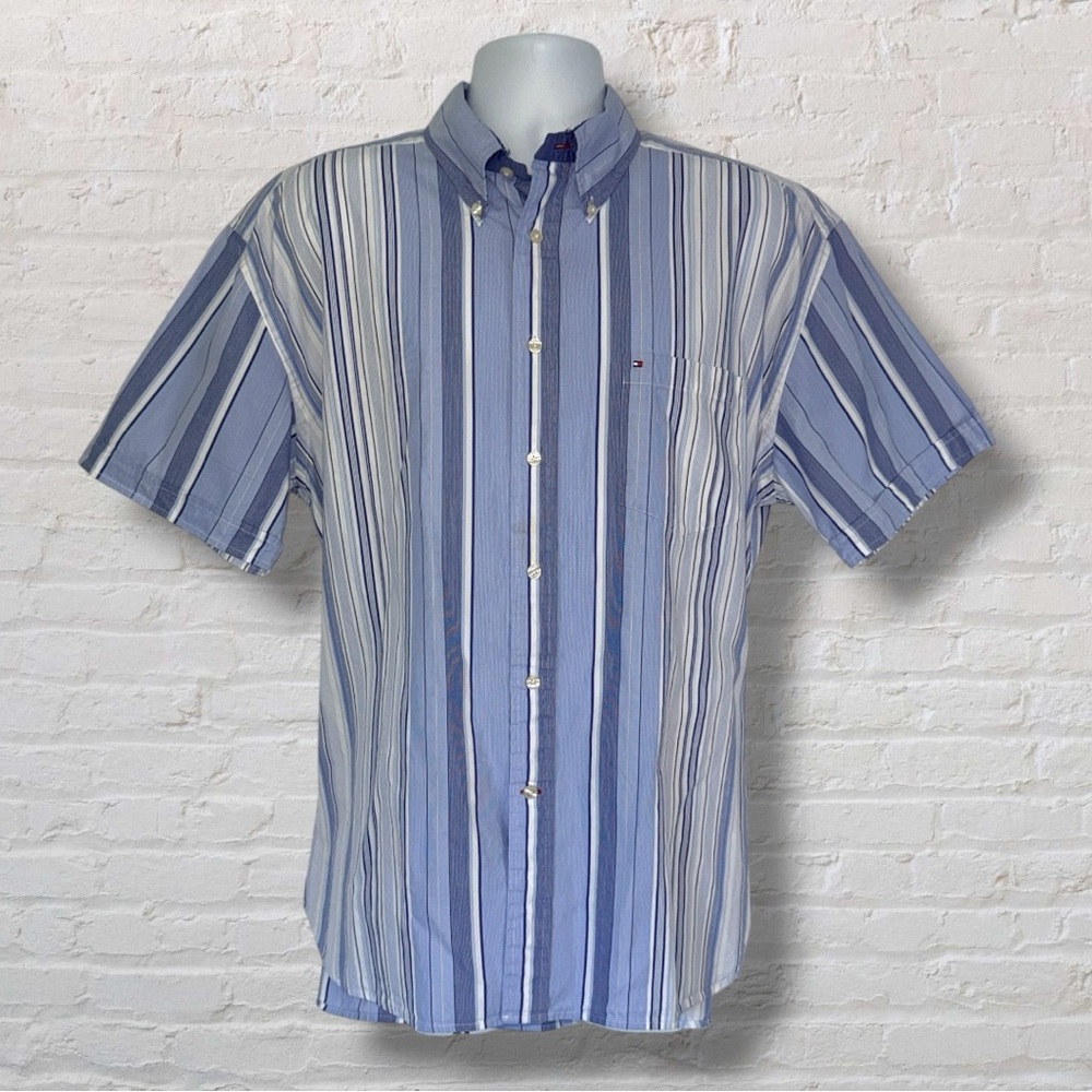 Tommy Hilfiger Striped Short Sleeve Button-Down Shirt XL Blue Cotton Casual
